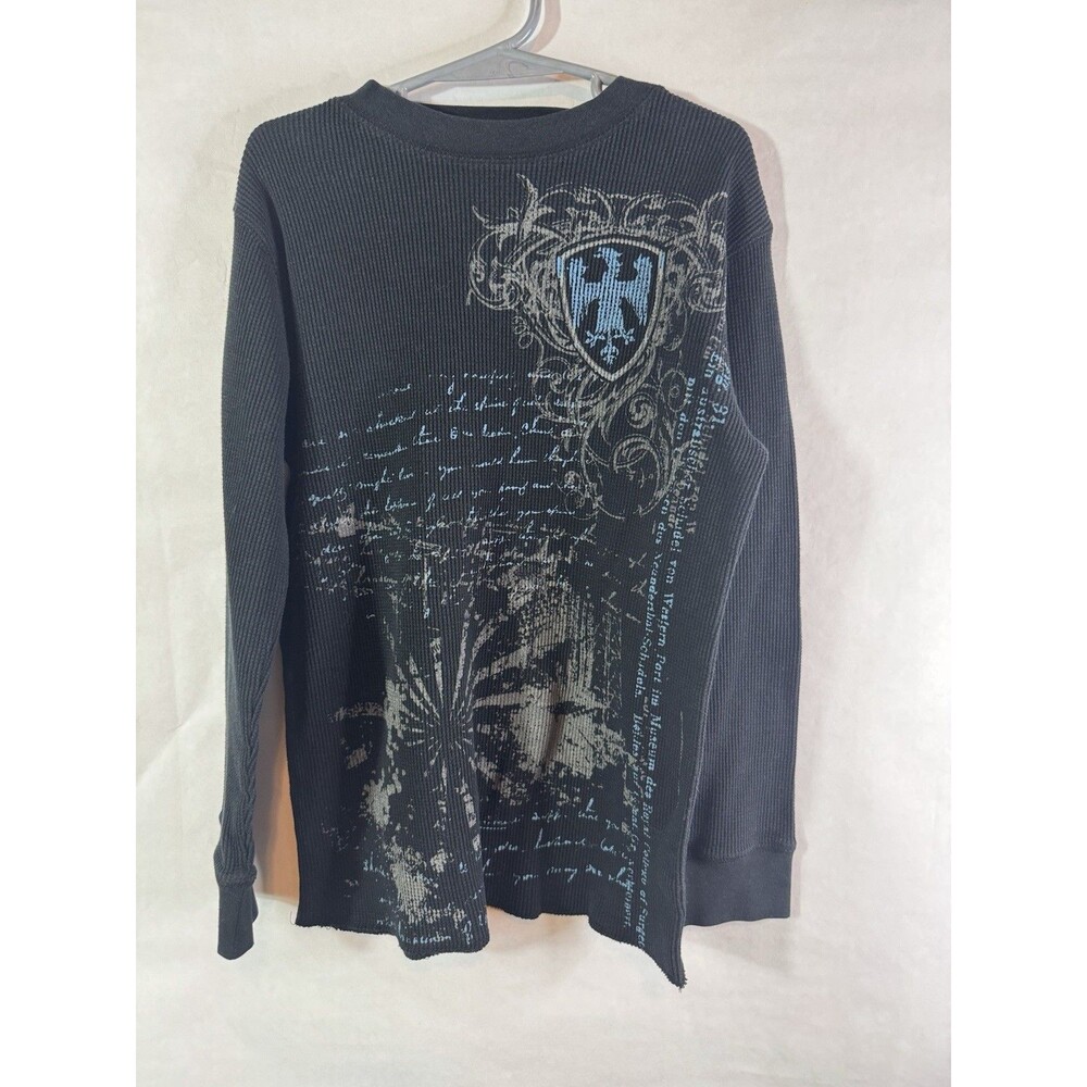 Vintage Y2K Machine Jeans Graphic Thermal Shirt Size Small Black Grunge Afflicti